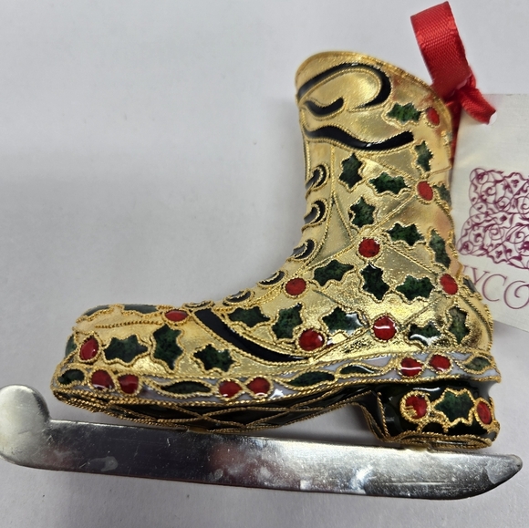 Nyco Christmas Ornament Cloisonne Enamal Ice Skating Shoe Holly Berries Leaves - Picture 12 of 12